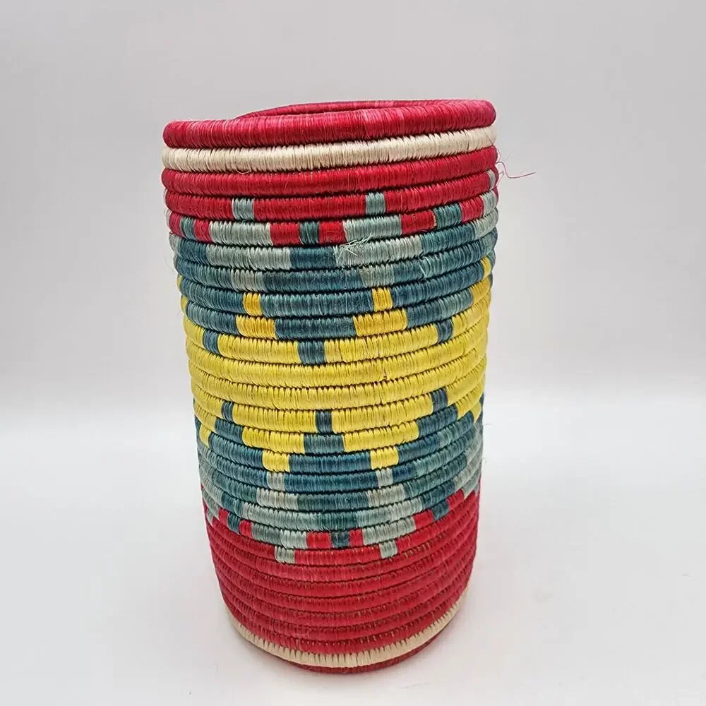 Anthropologie Rafia Woven Utensil Basket Vase African Aztec Tribal Cylinder Boho